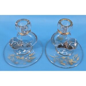 Set of 2 Vtg Paden City Comet Candlestick Holders Glass Gold Floral‎ 1940's